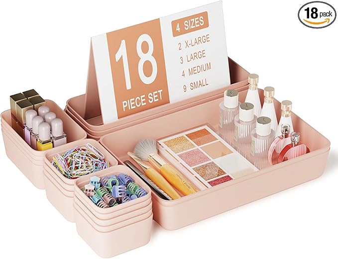 Plastic Drawer Organizers, 18 PCS Bathroom Drawer Organizer Bins, Desk and Vanity Organizer Plastic Tray, Makeup organizer and storage for Bedroom, Kitchen Gadgets Utensils and Office (Pink)