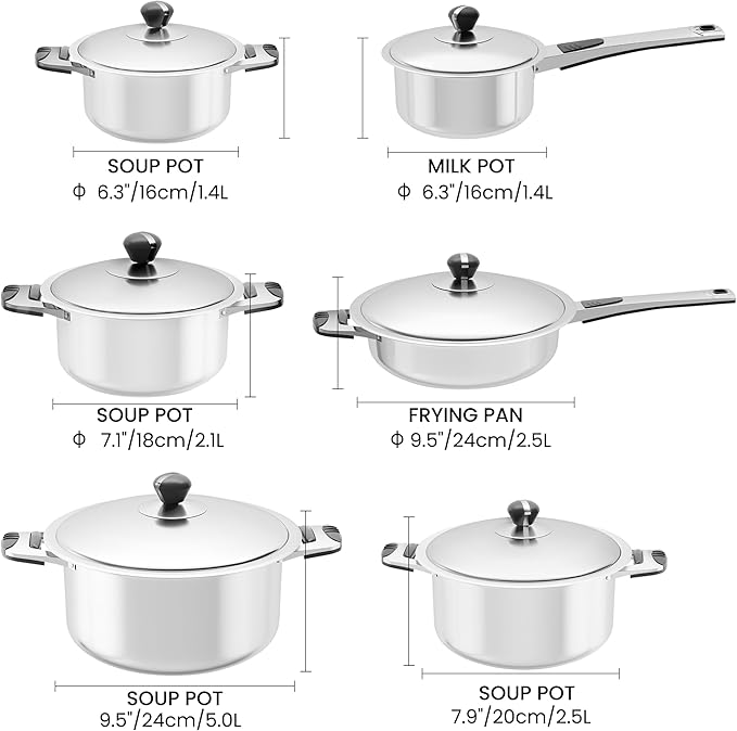 Stainless Steel Cookware Set, 12-Piece Nonstick Stainless Steel Pan Set, D5-Ply Base for Even Heating, Dishwasher Safe, Vented Glass Lids, Heavy-Duty, Especially for Home & Beginner Cooking