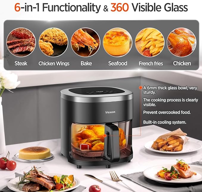 6-IN-1 Glass Air Fryer with 4.5 QT Capacity,Air Fry, Roast, Reheat, Dehydrate, Air Crisp Technology,Nonstick & Dishwasher Safe Basket,97% Less Oil,Features Digital Timer1