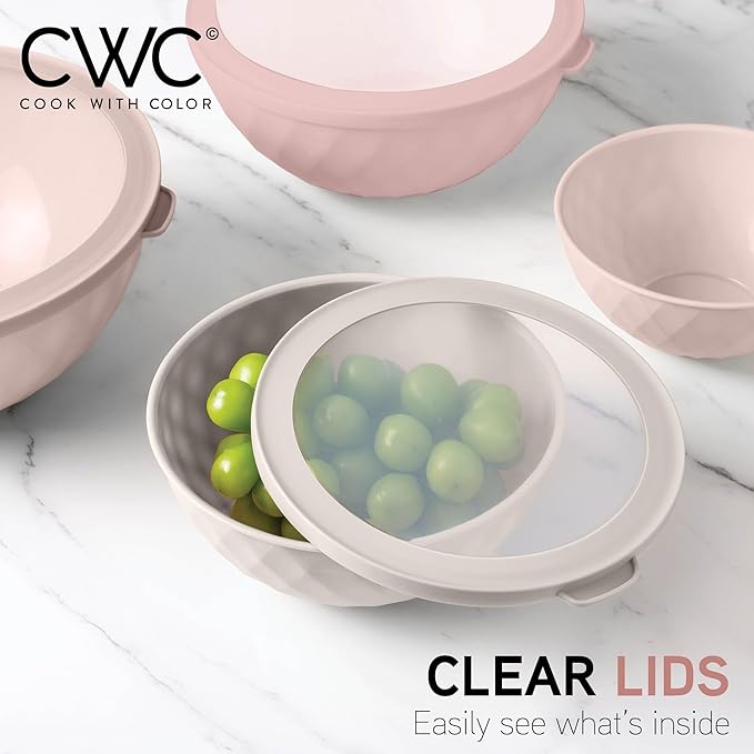 COOK WITH COLOR Mixing Bowls with Lids - 12 Piece Plastic Nesting Bowls Set includes 6 Prep Bowls and 6 Lids, Diamond Design - Microwave Safe (Mint)