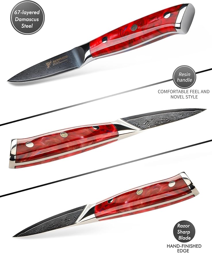 3.5 Inch Paring Knife - Kitchen Fruit Vegetable Knife Damascus Steel & Resin Handle - Xuan Series (Sunset Red)