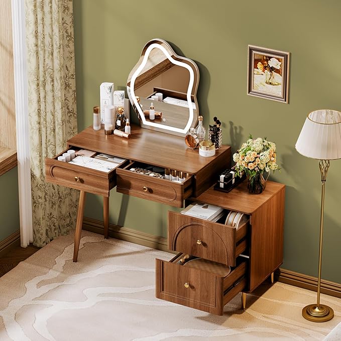 Walnut Stylish Corner Makeup Vanity Table，Vanity Desk with Lighted Mirror and 4 Spacious Drawers,Bedroom Essential Dressing Table with Nightstand，Modern Minimalist Writing Desk for Girls