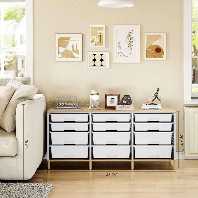 Storage Cabinet with 12 Drawers, Home Storage With Wooden Tabletop, Cube Storage Organizer for Living Room, Bedroom, Classroom, Office, Playroom, Craft Room, (White)