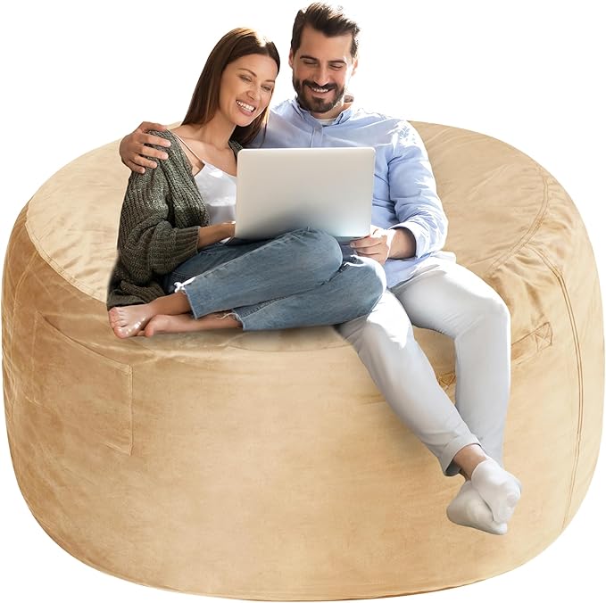 Homguava 4 FT Bean Bag Chair: 4' Bean Bags with Memory Foam Filled, Large Beanbag Chairs Soft Sofa with Dutch Velvet Cover-Khaki