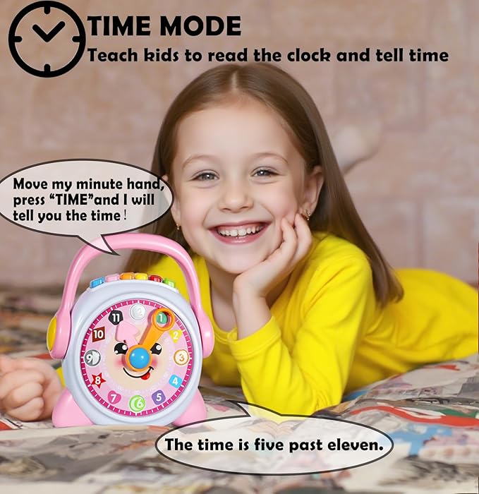 Learning Clock, Learn to Tell Time Clock for Kids & Toddlers Ages 3, 4, 5, 6 Years Old, Educational Teaching Clock Toy with Quiz and Music Sleep Mode, Boy Girl Birthday Present (Pink)
