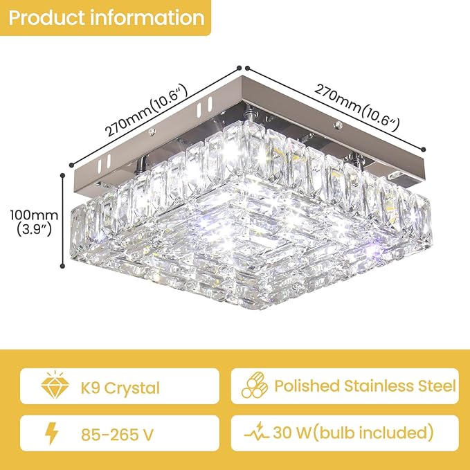 10.6" Crystal Ceiling Light Modern Crystal Chandelier LED Flush Mount Ceiling Light Fixture Mini Square Chandeliers for Bedroom Hallway Kitchen Foyer (Cool White)