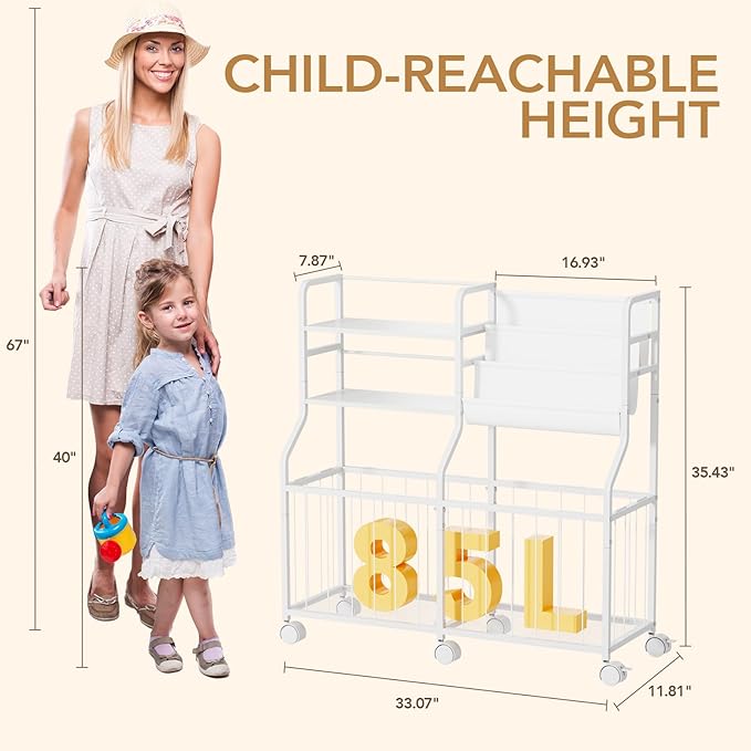 BBLIKE Stuffed Animal Storage Organizer - Rolling Kids Bookshelf and Toy Storage with 3 Tiered Book Display and Toy Chest - Rolling Furniture for Kids Room, Playroom, Bedroom, Nursery, White