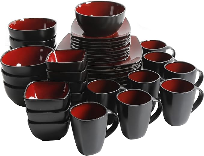 Gibson Elite Soho Lounge Square Reactive Glaze Stoneware Dinnerware Set, Service for 8 (40pc), Red/Black