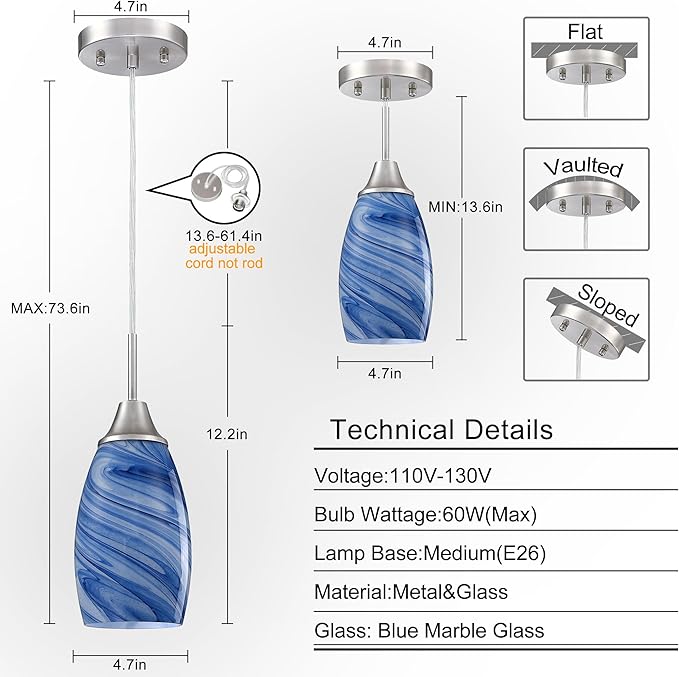 Glass Pendant Light with Handblown Dark Blue Marble Art Glass Shade Ceiling Light 3-Pack Mini Hanging Pendant Light for Kitchen Island,Dining Room,Living,Foyer,Hallway
