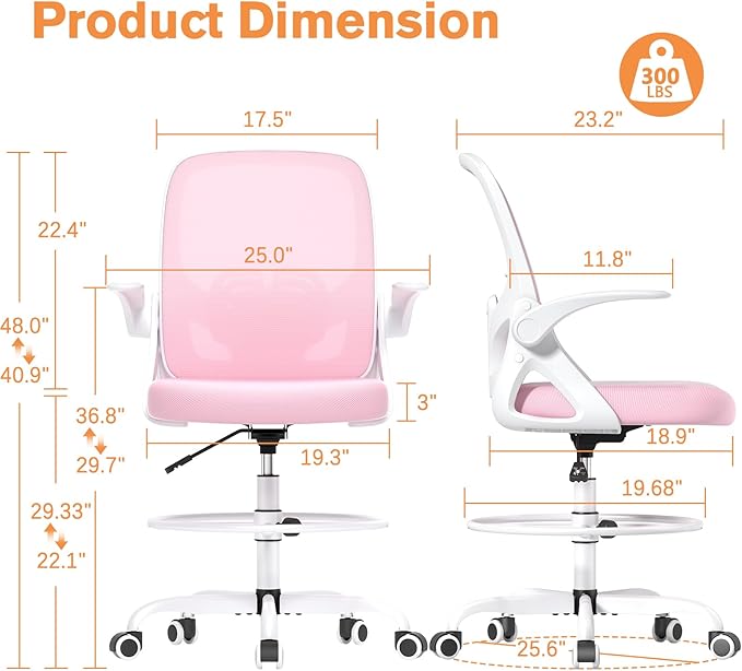 Tall Drafting Chair with Lumbar Support and Footrest Ring, Supportive Tall Extended Height Ergonomic Desk Chair for Home Work, Breathable Mesh Office Chair with Flip up Arms(Pink)