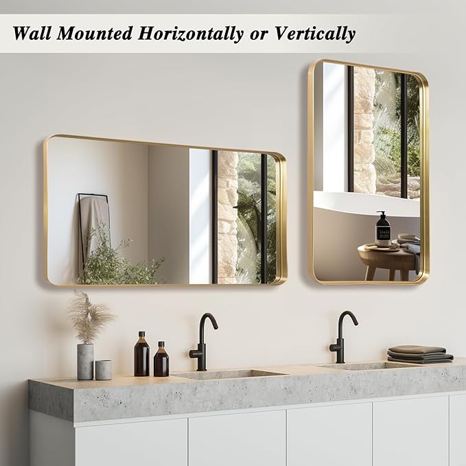 Wall Mirror 22" x 30" for Bathroom, Gold Metal Deep Frame, Rectangular Round Corner, Mounted Vanity Mirror for Bedroom, Living Room, Entryway Decor