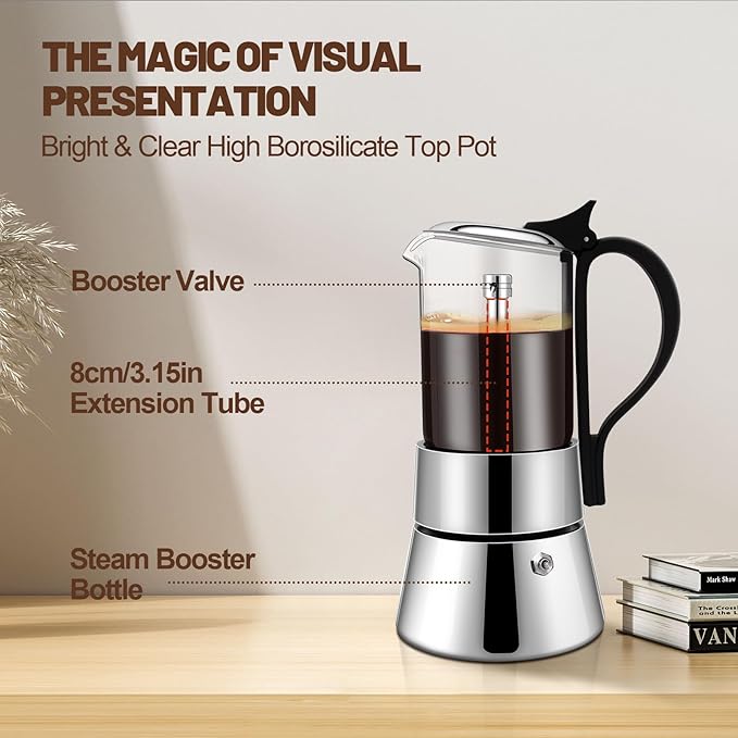 6 Cup Glass Transparent Moka Pot Stainless Steel Uncoated Stovetop Espresso Maker Italian Coffee Makers Mocha Greca Machine Cafe Classic Induction Cookers for Home Camping 350ml