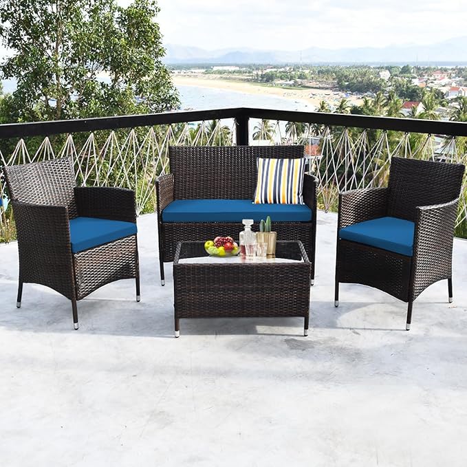 Goplus 4-Piece Rattan Patio Set, Outdoor/Indoor Wicker Conversation Set for Pool, Backyard, Lawn, Wicker Chairs and Sofa with Soft Cushion, Rattan Furniture with Tempered Glass Coffee Table