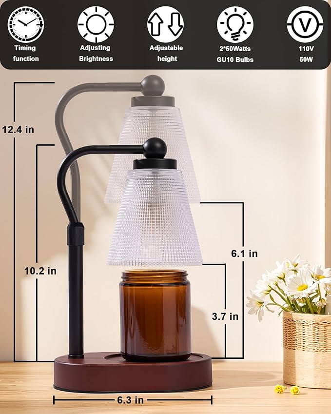 Candle Warmer Lamp with Timer, Dimmer, Adjustable Height, 2 Replacement Bulbs, Electric Candle Warmer for Jar Candles, Decorative Candle Lamps (Clear)