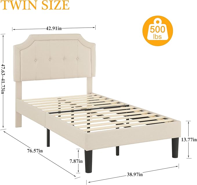 VECELO Twin Upholstered Platform Bed Frame with Adjustable Button Stitched Panel Headboard,Strong Wood Slat Support,Velcro Design,Mattress Foundation/Easy Assembly,Beige