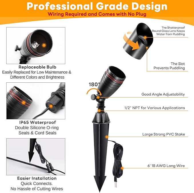 Spot Light Brass - Outdoor Landscape Spotlights LED, 12V Low Voltage Landscaping Uplights, Hard-Wired All Weather Black for Backyard Lawn with No Bulbs (8 Pack)