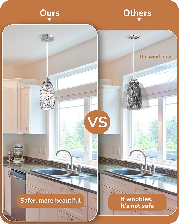 EDISHINE Pendant Light Fixture, Handcrafted Art Glass Hanging Light, Hardwired Ceiling Light with Grey Seed Glass Shade, Adjustable Brushed Nickel Rods, E26 Base, Pendant Lamp for Kitchen Bathroom Bar