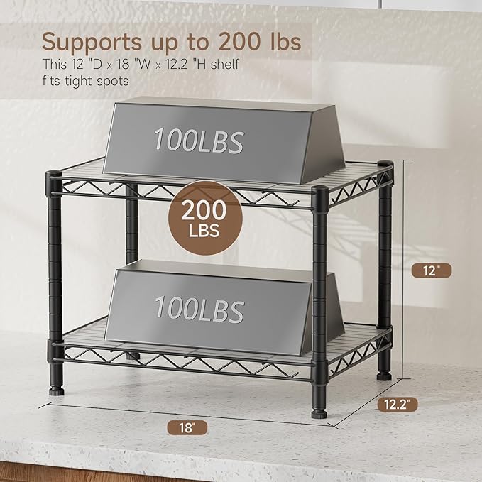 Small 2 Tier Shelves Storage Wire Shelving Unit Metal Shelf Adjustable Organizers Storage Shelving with Wheels for Bathroom Laundry Room Kitchen Pantry12”D x 18”W x 12.2”H Black