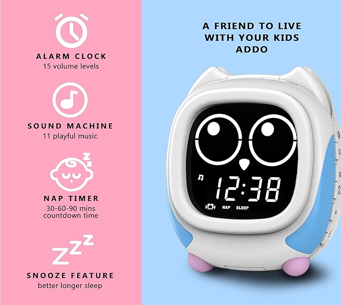 iTOMA Addo Kids Alarm Clock,Sunrise/Sunset Simulation Bedside Lamp, Grow Children's Clock Trainer and Bluetooth Music Player,White Noise Sleep Sounds Wake Up Clock Owl CKS912
