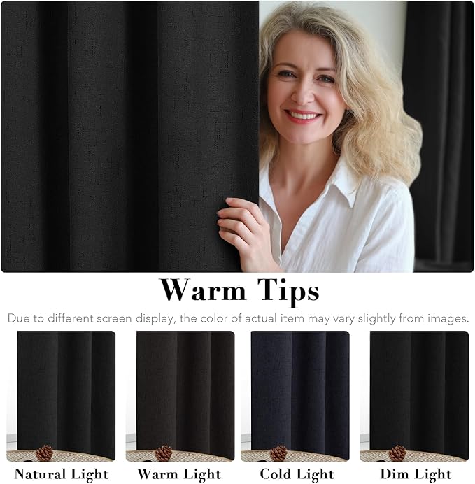 H.VERSAILTEX Linen Blackout Curtains 108 Inches Long 100% Blackout Thermal Insulated Textured Linen Look Curtain Draperies Anti-Rust Grommet, Energy Saving with White Liner, 2 Panels, Black