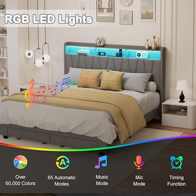 King Size Bed Frame, Velvet Upholstered LED Platform Bed with Headboard Storage, King Bed Frame Built-in Charging Station with 2 Drawers, Wood Slat Support, No Box Spring Needed, Grey