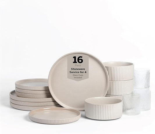Stone Lain Haven Stoneware 16-Piece Dinnerware Set, Plates and Bowls Sets for 4, Dish Set, Includes Dinner sets, Salad Plates, Cereal Bowls, Glassware, Microwave & Dishwasher Safe, Beige