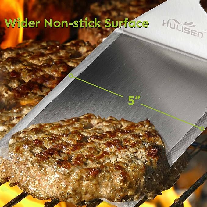 HULISEN Stainless Steel Large Grill Spatula - 6 x 5 Inch Heavy-Duty Metal Spatula with Cutting Edges, Kitchen Griddle Accessories, Smashed Burger Turner Scraper for BBQ Grill and Flat Top Griddle