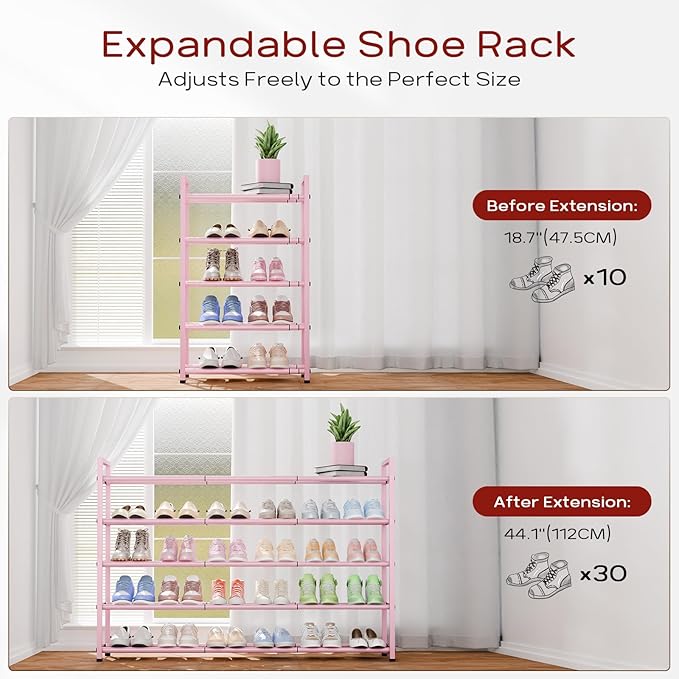 Bumusty 5-Tier Long Expandable Shoe Rack for Closet, 18"-44" Adjustable Shoe Rack for Entryway, 25-30 Pairs Large Shoe Organizer Shelf Storage, Sturdy Metal, Pink