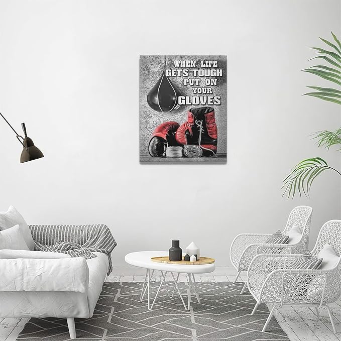 Boxing Posters Wall Art Red Boxing Gloves Pictures Wall Decor Black And White Inspirational Quotes Canvas Prints Painting Artwork Sports Canvas Home Decorations For Teen Boys Room Dorm Bedroom 16"x20"