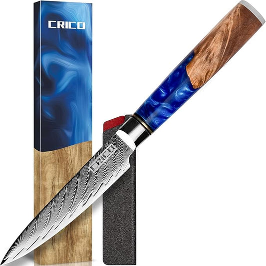 CRICO Paring Knife 5 inch, Kitchen Utility Knife, Fruit Paring Knives, VG10 Damascus Super Steel Forged 67-Layers, Full Tang Wood&Resin Handle, Gift Box - Flow Series