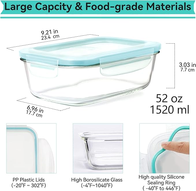 Luvan 60oz Large Glass Food Storage Containers with Lids,Glass Meal Prep Containers/Bento Boxes/Lunch Containers,BPA Free & Leak-Proof for Microwave,Oven,Freezer and Dishwasher Safe(2Pcs)