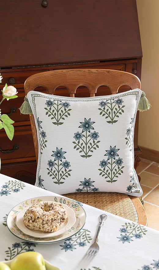 Design Fresh Linen Square Throw Pillow Covers 18"x18" Pack of 2, French White Cottage Cushion Covers with Blue Floral Branches Pattern Decor Pillowcases for Bed,Living Room,Outdoor,Car