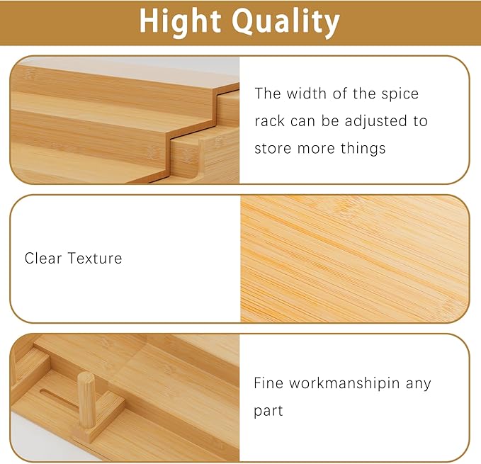 Spice Rack, Bamboo Spice Rack Kitchen Cabinet Organizer Expandable - Bamboo 3 Tier Figurine Display Shelf, Adjustable 3 Tier Spice Racks