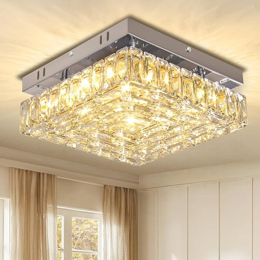 Square Crystal Ceiling Light 10.6" Modern LED Bedroom Chandelier Small Flush Mount Ceiling Lights Fixture for Kitchen Dining Room (Warm Light)