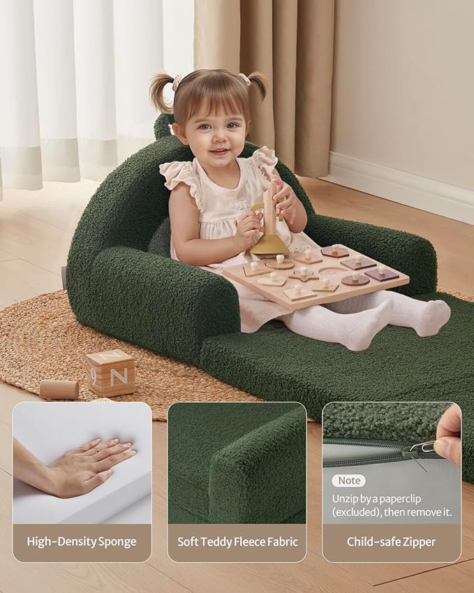 Blissful Diary Foldable Toddler Couch, 2-in-1 Comfy Toddler Chair & Lounger for Reading, Nap, Playroom, Kids Couch Sofa for 1 2 3+ Year Old Girls Boys Birthday Gift, Dark Green Arclet