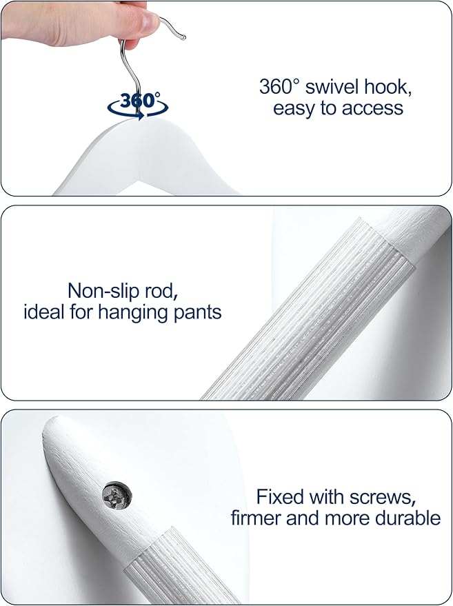 HOUSE DAY High-Grade Solid Wood Coat Hangers for Women, Wide Shoulder Wooden Hangers, Suit Hangers with Non Slip Pants Bar, Smooth Finish 360° Swivel Hook for Dress, Heavy Clothes Hangers 6 Pack White