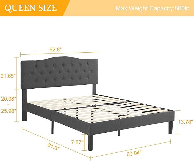 VECELO Queen Size Bed Frame Upholstered Platform with Tufted Adjustable Headboard/Mattress Foundation with Wood Slat Support, Easy Assembly