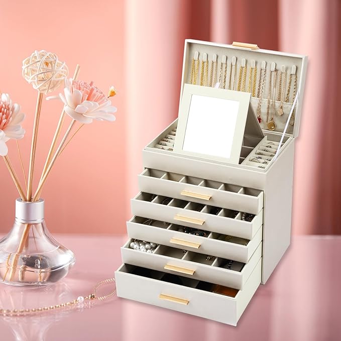 BOOVO Jewelry Box for Women, Gold 6 Layer Large Jewelry Organizer with Glass Lid for Necklace, Bracelet, Earrings, Rings Storage, Jewelry Organizers and Storage for Girls Gift (Champagne, 6 layer)