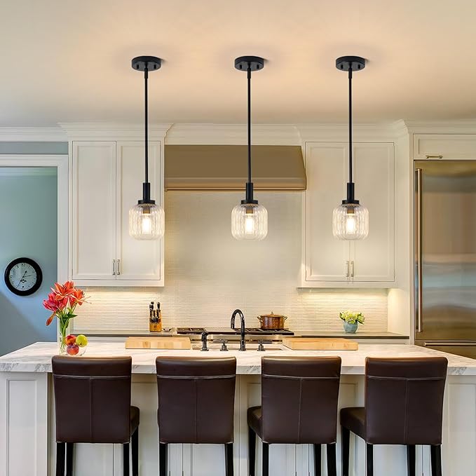 Glass Pendant Lights Kitchen Island 2 Pack, 5.9" Black Modern Pendant Light with Clear Glass and Rods, Mini Hanging Lighting for Kitchen Sink Bathroom Bedroom, OS-YQ7749-2PBK