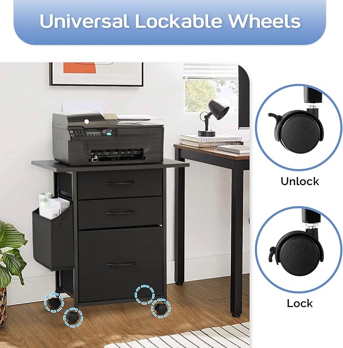 Printer Stand with 3 Fabric Drawer, Mobile File Cabinet for Home Office with Storage Bag, Rolling Under Desk Organizer Shelf, Fits A4 or Letter Size, Complete Top Plate Fast Assembly (Night Black)