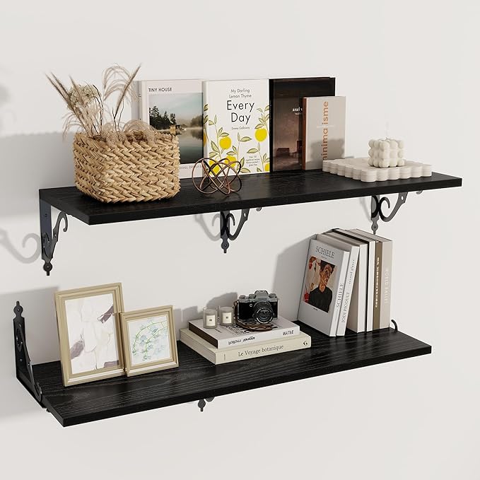 Deep Floating Shelves, 36" W x 12" D Wall Shelves Set of 2, Wide Display Shelf Wall Mounted with Brackets, Bookshelf for Living Room, Bathroom, Bedroom, Black