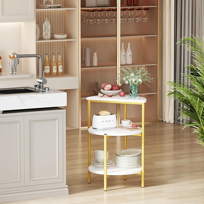 AWQM Marble Side End Table, 3-Tier Sofa Side Table,Small Round Coffee Table Bedside Table, Corner Table w/Metal Frame for Living Room Bedroom, White+Gold