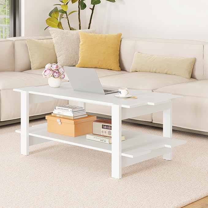 Giantex Coffee Table with Storage, 45 Inch Modern Center Table with Slatted Design & Side Rail Support, Rectangular Living Room Table for Small Spaces, White