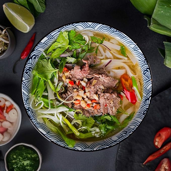 38 oz Japanese Ramen Bowl Set of 6 - Large 8 Inch Ceramic Soup Bowls, Blue and White Japanese Noodle Bowls for Pho, Ramen, and Salad - Mixing Patterns