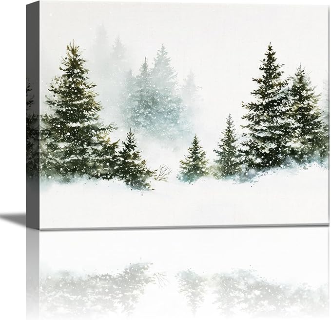 Rustic Pine Tree Christmas Canvas Wall Art - Snowy Winter Forest Landscape Framed Print for Living Room, Vintage Christmas Wall Decor, Cozy Christmas Gifts & Festive Winter Decor