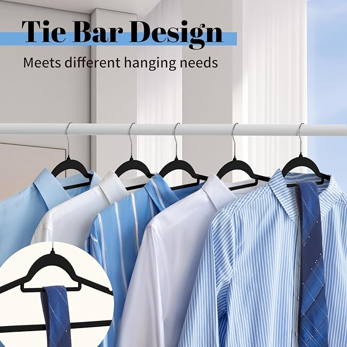 Smartor Black Velvet Hangers 60 Pack, Space Saving Clothes Hangers with Tie Bar, Non-Slip Felt Hanger with Shoulder Notches, Heavy Duty Suit Hanger for Coat, Shirt, Pants, Dress