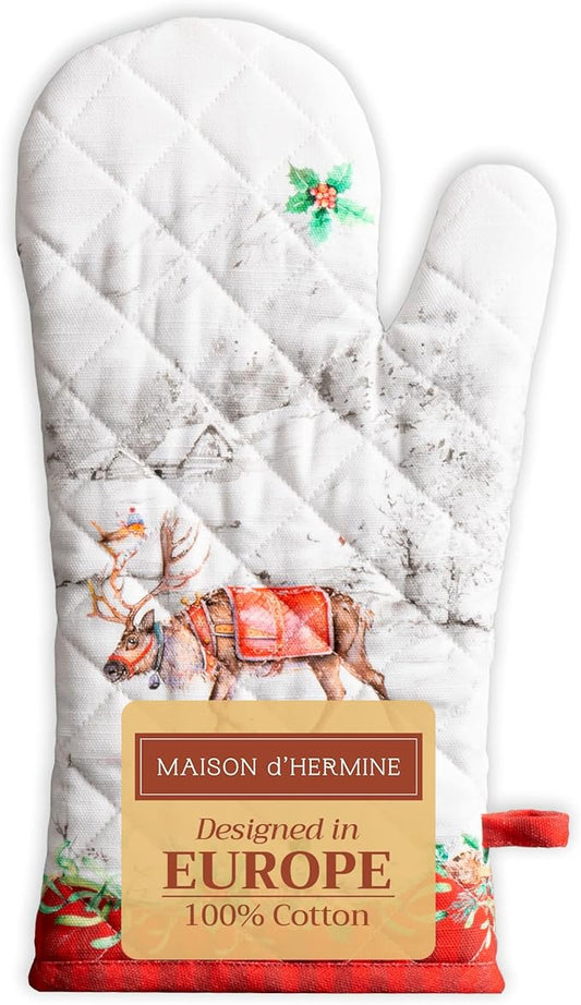 Maison d' Hermine Oven Gloves 100% Cotton Oven Mitt 7" x 13" with Loop Heat Resistant Cooking Gloves for Thanksgiving Christmas Decorations Baking Handling Hot Pans (Pack of 1, Christmas Tradition)