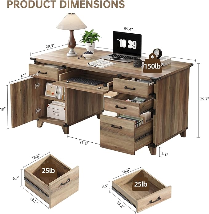 59" Farmhouse Executive Desk with Keyboard Tray,Wooden Computer Desk with Scratch-Resistant Wear-Resistant for Office, 5 Drawers,Home Office Workstation with wFile Cabinet Storage
