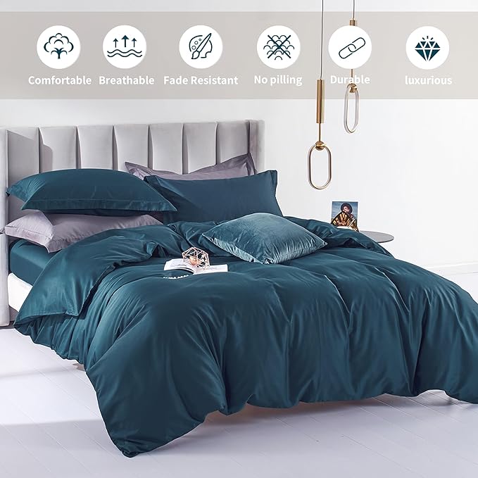 MILDLY 100% Long-Staple Cotton Duvet Cover Peacock Blue Morden Sateen Weave Luxury Comforter Cover Set King Size with Zipper Closure & Corner Tie (No Comforter)