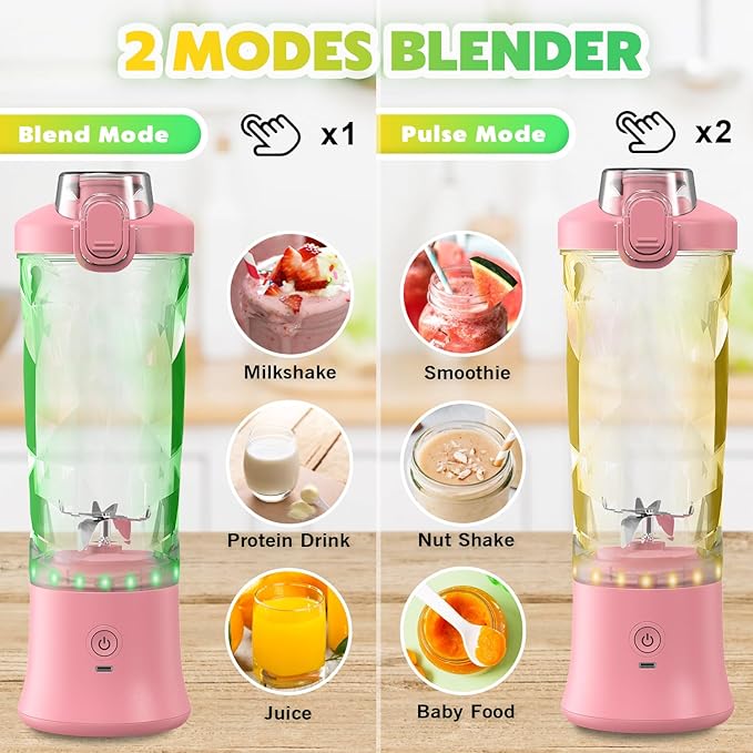 Portable Blender Personal Juicer for Shakes and Smoothies - 20 OZ Electric Protein Shaker Bottle with Insulated Sleeve, Travel Lid, USB-C Rechargeable - Mini Small Blender Cup for Kitchen, Office, Gym